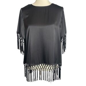 Cami NYC Fara Top Black Short Sleeved Silk Top with Fringe - Size XS
